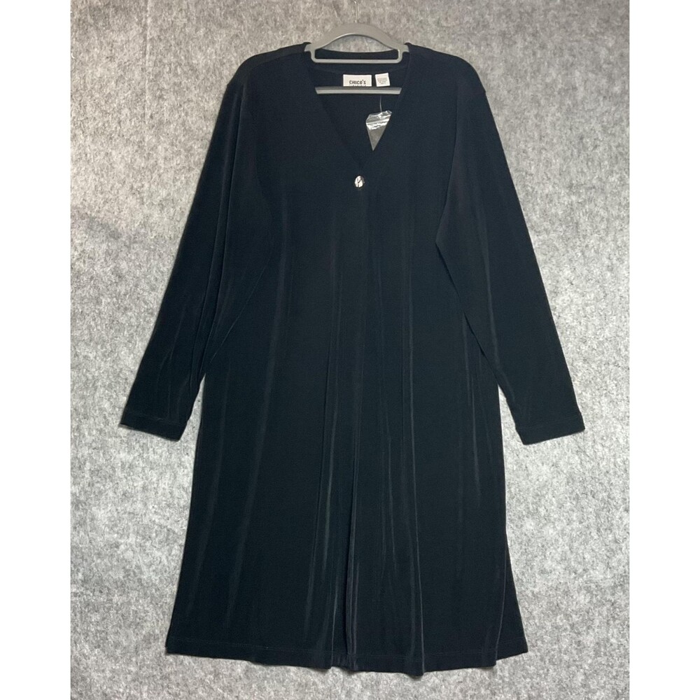 Chicos Coatigan Womens 2 Large Black Travelers Long Knit 1 Button USA Stretch